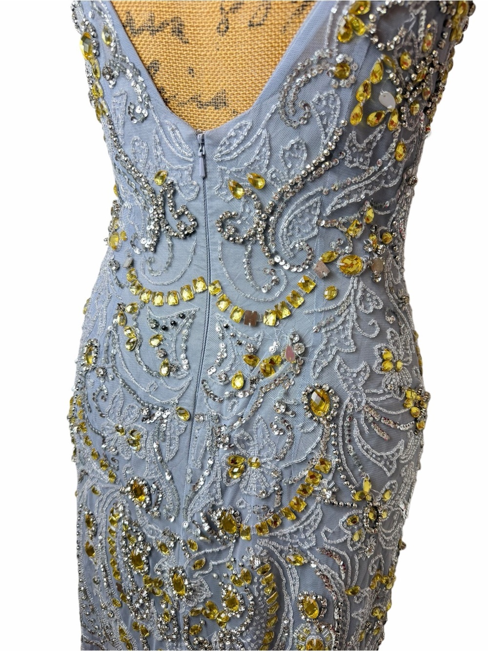 Sherri Hill Beaded Cocktail Dress Blue Gray Gold Embellished Open Back Size 8 - Picture 6 of 10